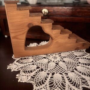 Vintage Pine Wooden Staircase Wall Shelf – Heart Cutout –Tier Step Display